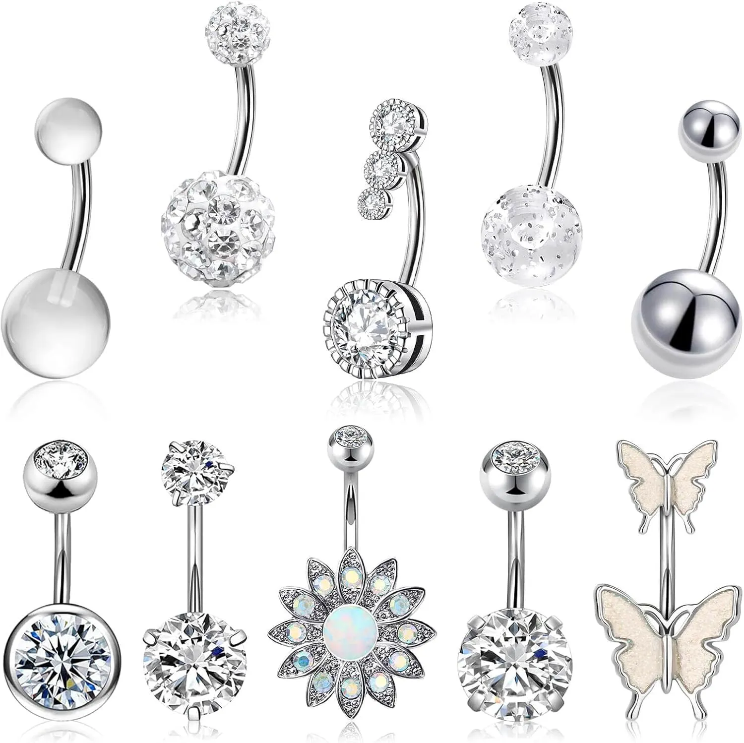 10 Pcs Hypoallergenic Belly Button Rings, 14G Surgical Steel Belly Piercing Jewelry With Cubic Zirconia Diamond Barbs