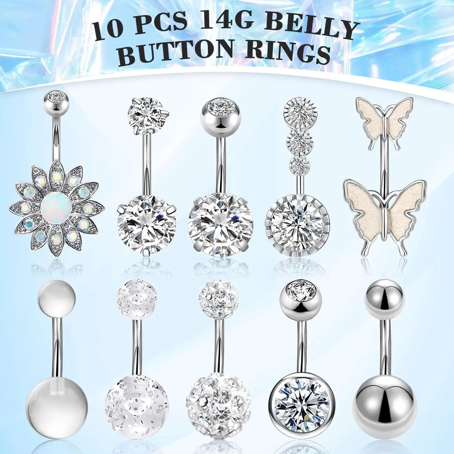 10 Pcs Hypoallergenic Belly Button Rings, 14G Surgical Steel Belly Piercing Jewelry With Cubic Zirconia Diamond Barbs