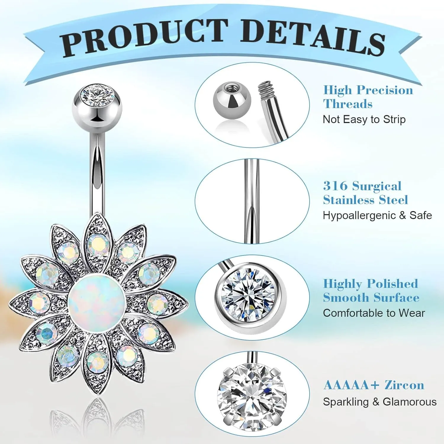10 Pcs Hypoallergenic Belly Button Rings, 14G Surgical Steel Belly Piercing Jewelry With Cubic Zirconia Diamond Barbs