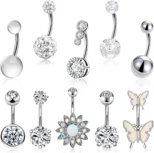 10 Pcs Hypoallergenic Belly Button Rings, 14G Surgical Steel Belly Piercing Jewelry With Cubic Zirconia Diamond Barbs