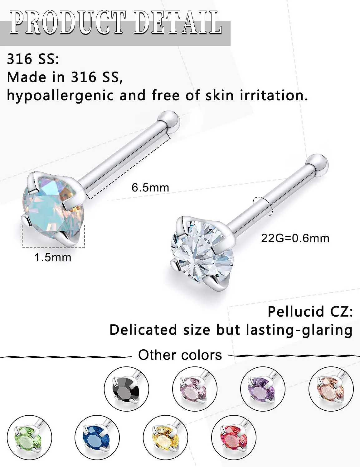 18G 20G 22G Round Cubic Zirconia Nose Rings Studs for Women Men 316L Stainless Surgical Steel Nose Ring Stud Piercing Jewelry Silver Clear CZ 1.5mm 2mm