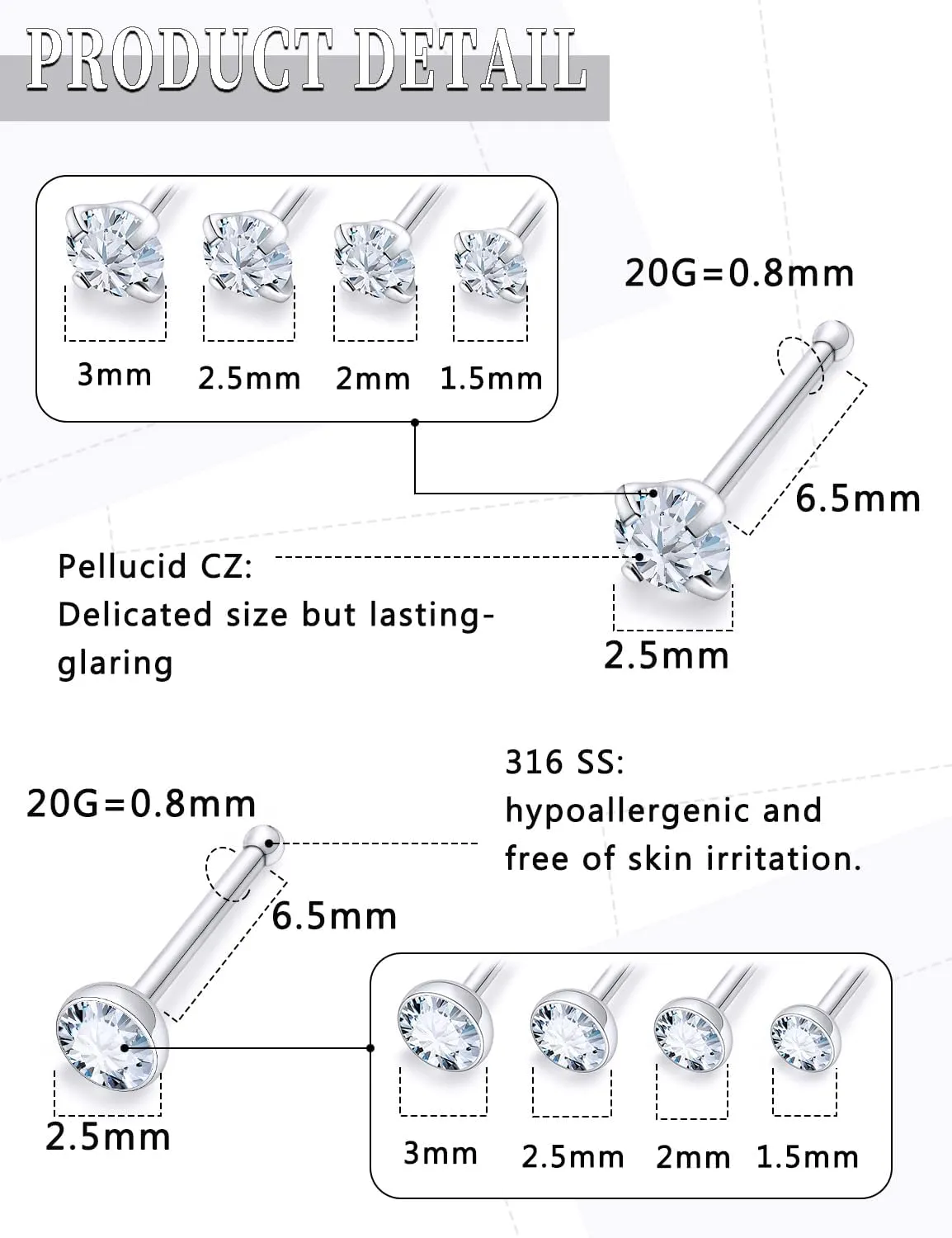 18G 20G 22G Round Cubic Zirconia Nose Rings Studs for Women Men 316L Stainless Surgical Steel Nose Ring Stud Piercing Jewelry Silver Gold Clear CZ 1.5mm 2mm 2.5mm 3mm