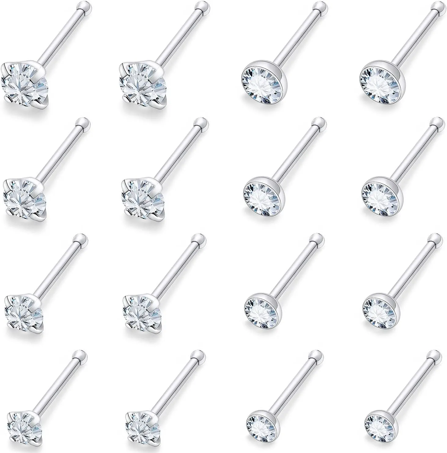 18G 20G 22G Round Cubic Zirconia Nose Rings Studs for Women Men 316L Stainless Surgical Steel Nose Ring Stud Piercing Jewelry Silver Gold Clear CZ 1.5mm 2mm 2.5mm 3mm