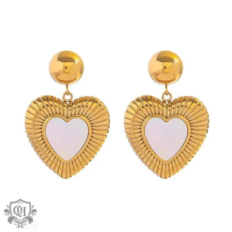 18K gold exquisite and fashionable peach heart inlaid gemstone with ribbed design earrings