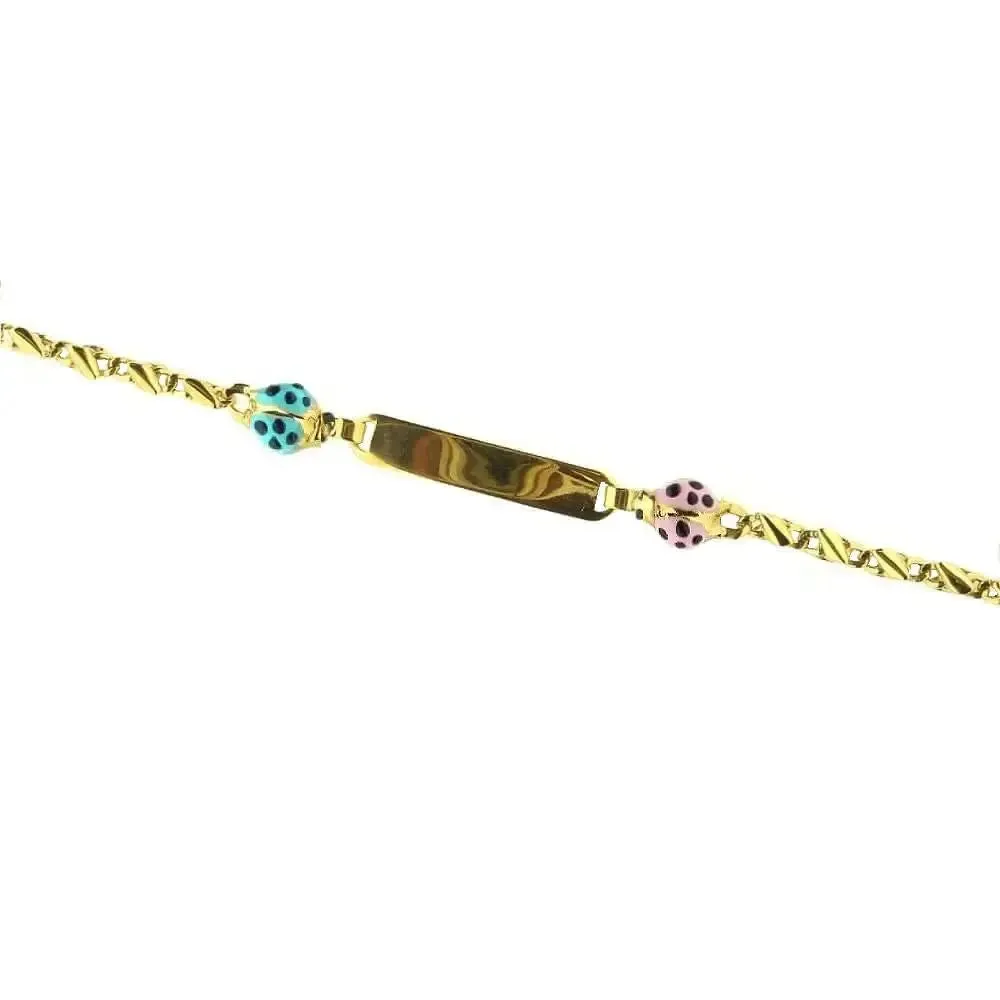 18K Gold Pink and Turquoise Enamel Ladybug ID Bracelet