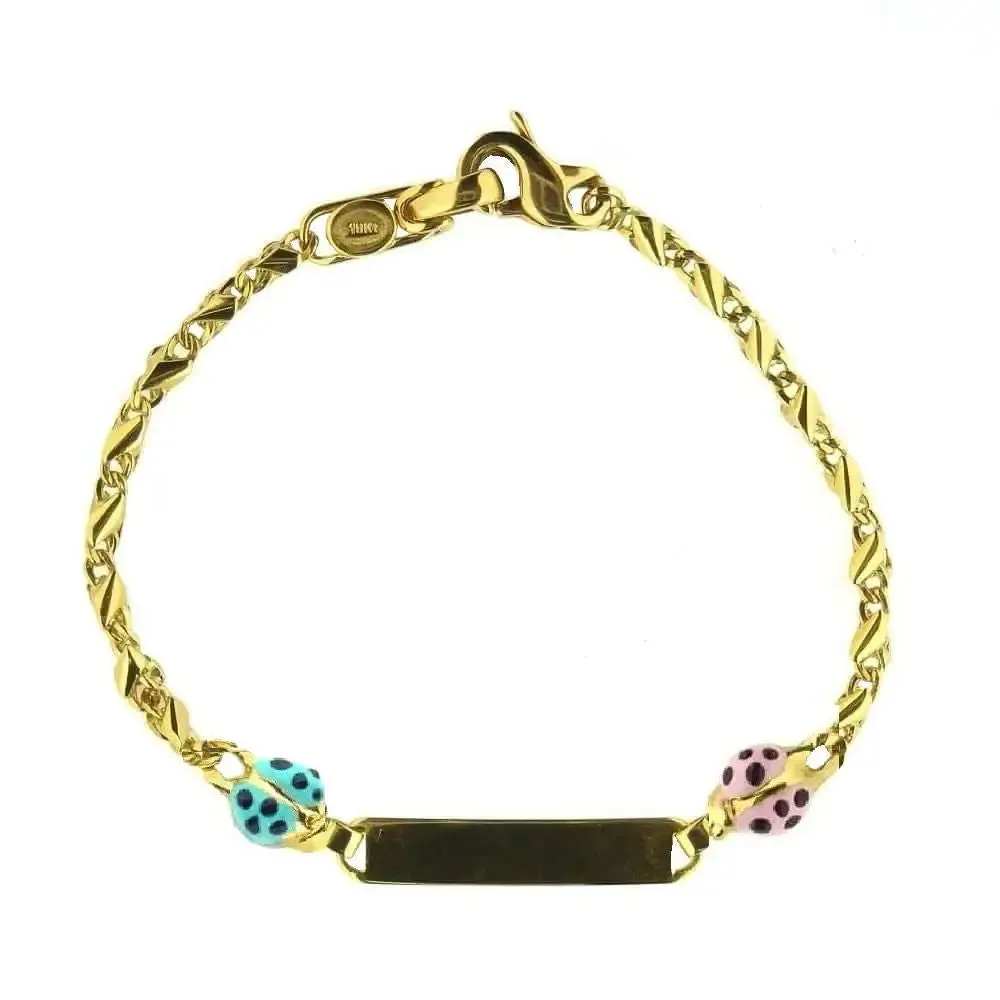 18K Gold Pink and Turquoise Enamel Ladybug ID Bracelet