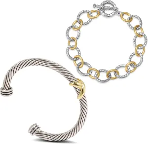 2 Pcs Cuff Bracelet for Women Twisted Cable Bracelet Two Tone Charm Bangle Bracelet Gold and Silver Chain Link Bracelets Jewelry (2PCS - Round 1)