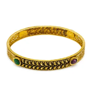 22K  Yellow Gold Bangles Set of 2 W/ Rubies, Emeralds & Antique Finish Mango Leaf Details