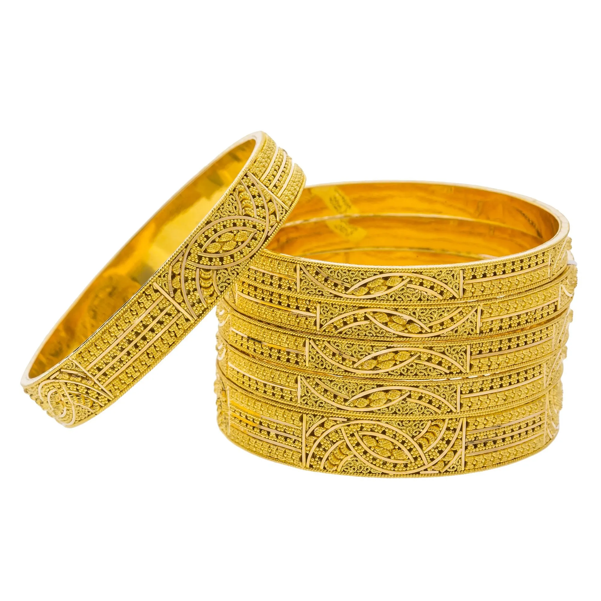 22K Yellow Gold Wide Bangles Set of 6 W/ Abstract Textured Gold Design