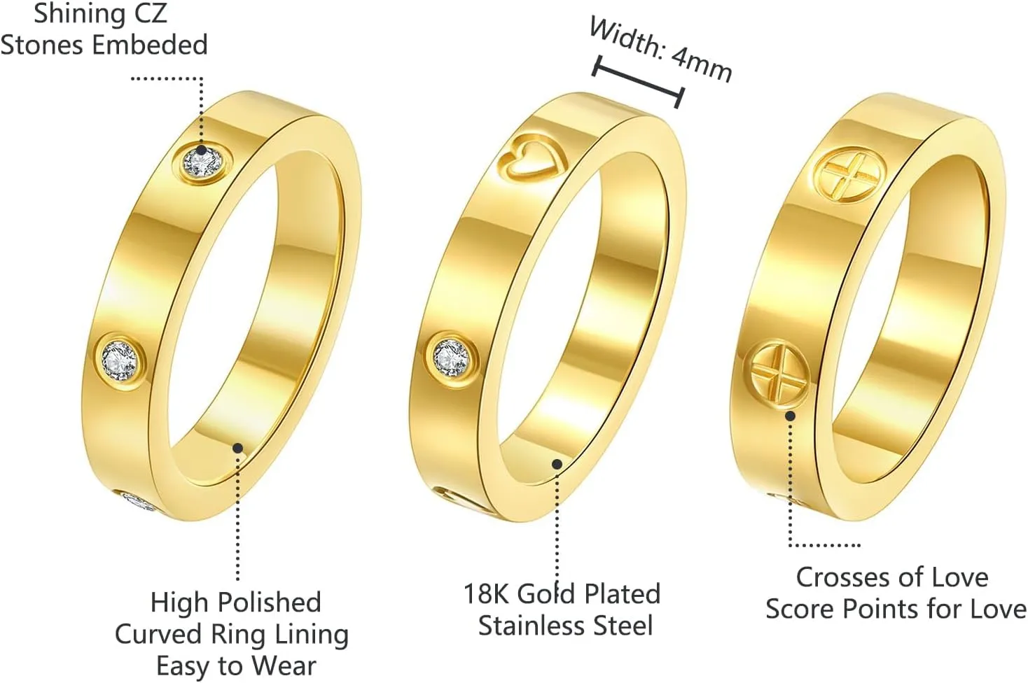3-Piece Promise Rings for Women - 18K Gold Plated Stainless Steel Cubic Zirconia Love Friendship Ring Set | Wedding Band, Friendship & Commitment Jewelry (Size 6-10)