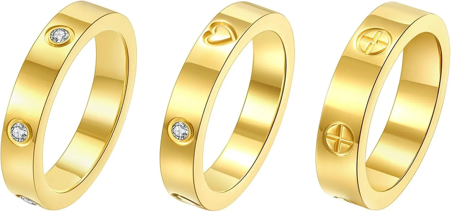 3-Piece Promise Rings for Women - 18K Gold Plated Stainless Steel Cubic Zirconia Love Friendship Ring Set | Wedding Band, Friendship & Commitment Jewelry (Size 6-10)