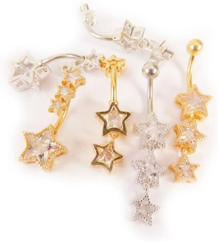 3Pcs 14G Stainless Steel Dangle Belly Button Rings Cubic Zirconia Heart Star Round Belly Navel Barbell Rings Belly Piercing Jewelry for Women