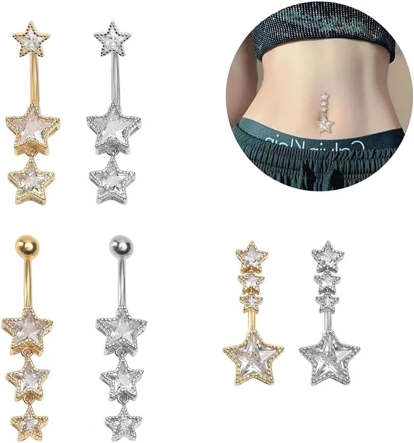 3Pcs 14G Stainless Steel Dangle Belly Button Rings Cubic Zirconia Heart Star Round Belly Navel Barbell Rings Belly Piercing Jewelry for Women