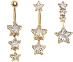 3Pcs 14G Stainless Steel Dangle Belly Button Rings Cubic Zirconia Heart Star Round Belly Navel Barbell Rings Belly Piercing Jewelry for Women