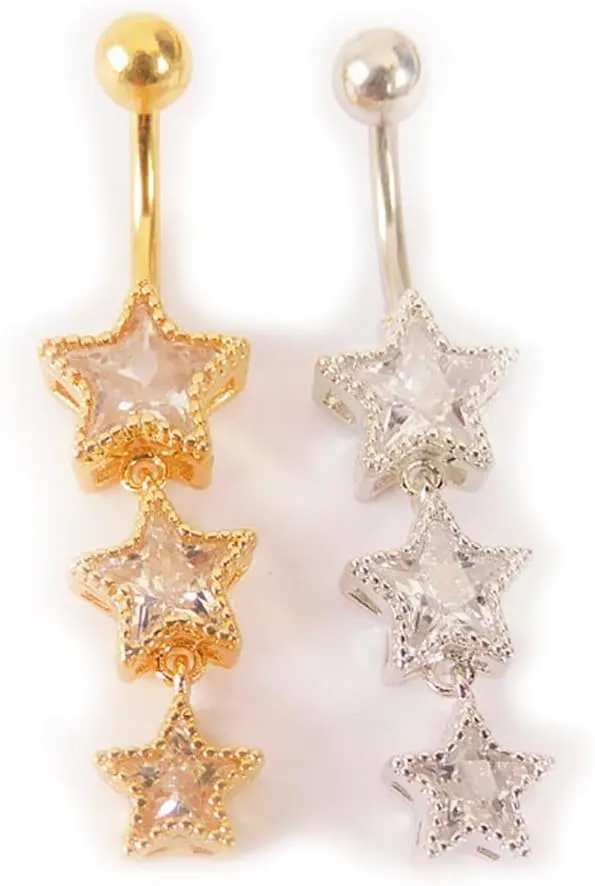 3Pcs 14G Stainless Steel Dangle Belly Button Rings Cubic Zirconia Heart Star Round Belly Navel Barbell Rings Belly Piercing Jewelry for Women