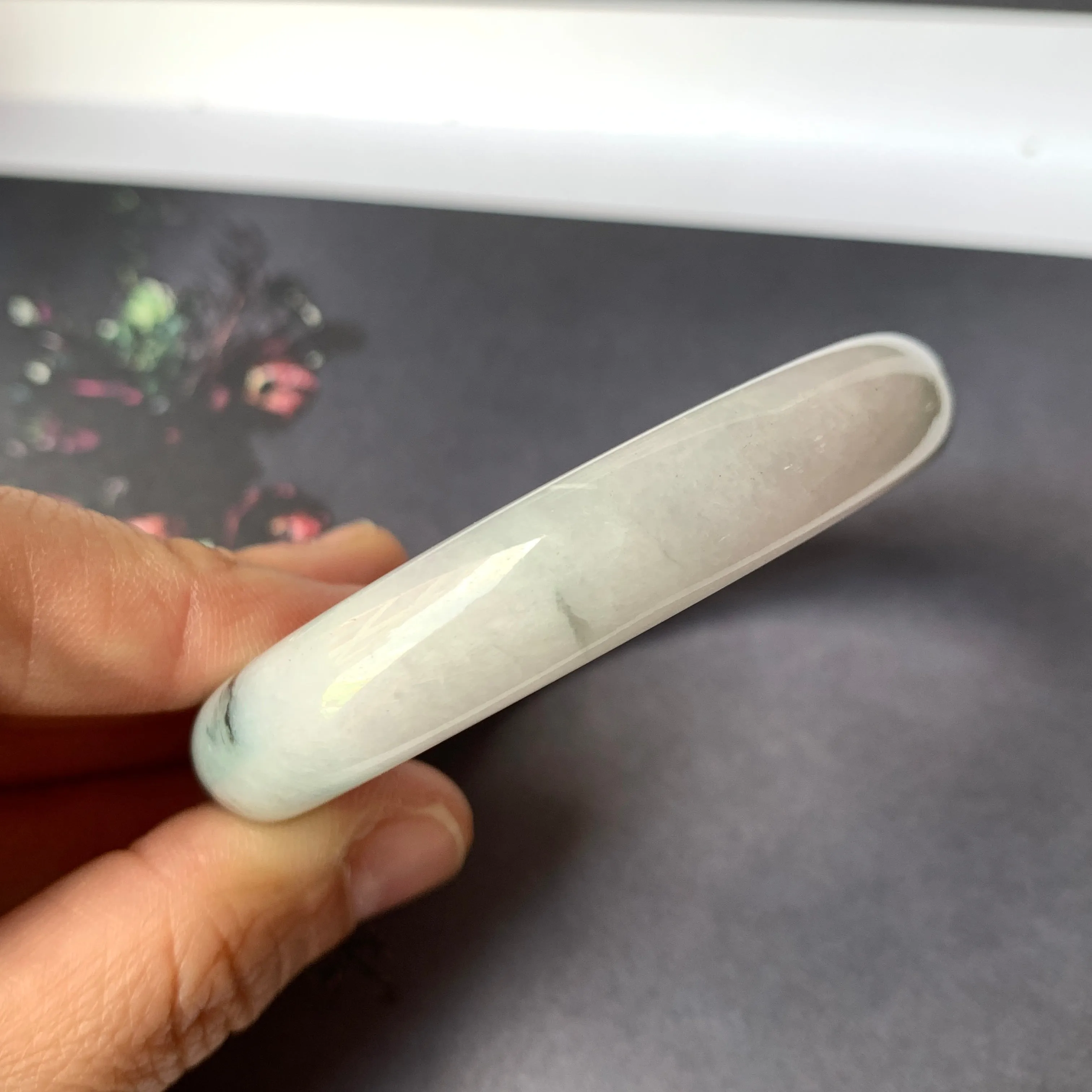 51.6mm A-Grade Natural Lavender Bluish Green Floral Jadeite Modern Round Bangle No.330086