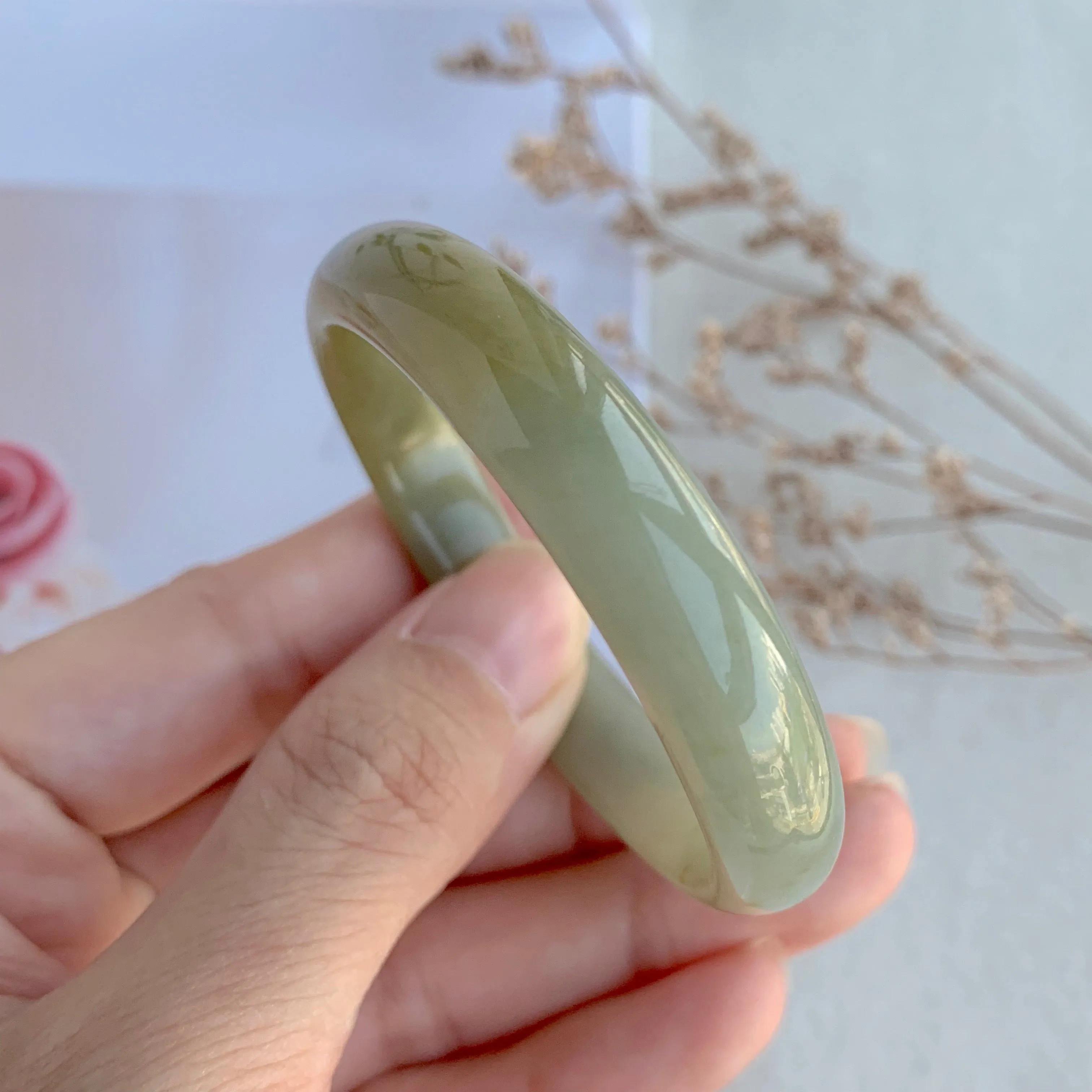 51.7mm A-Grade Jadeite Yellow And Green Modern Oval Bangle No.330001