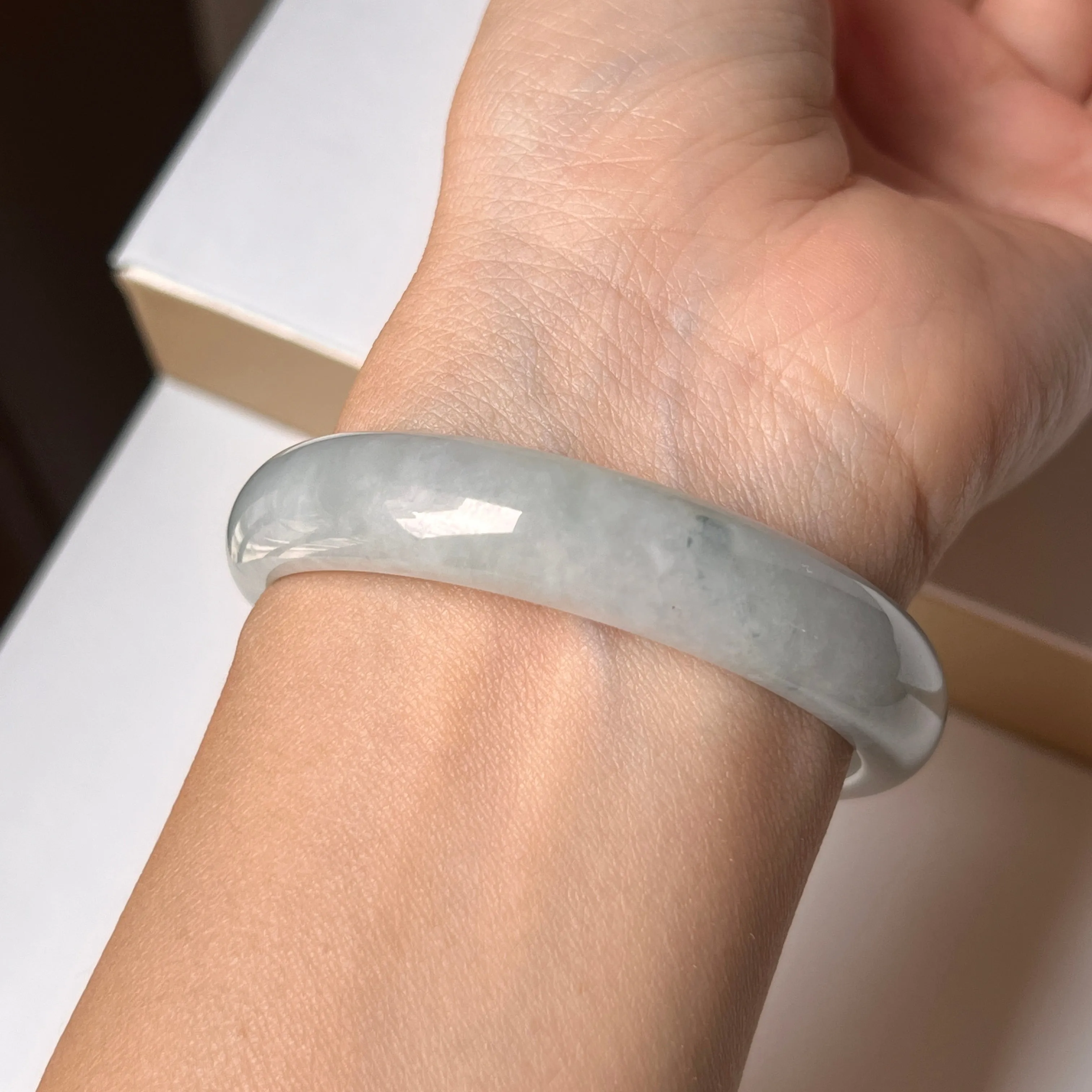 53.7mm A-Grade Natural Light Bluish Green Jadeite Modern Round Bangle No. 152005