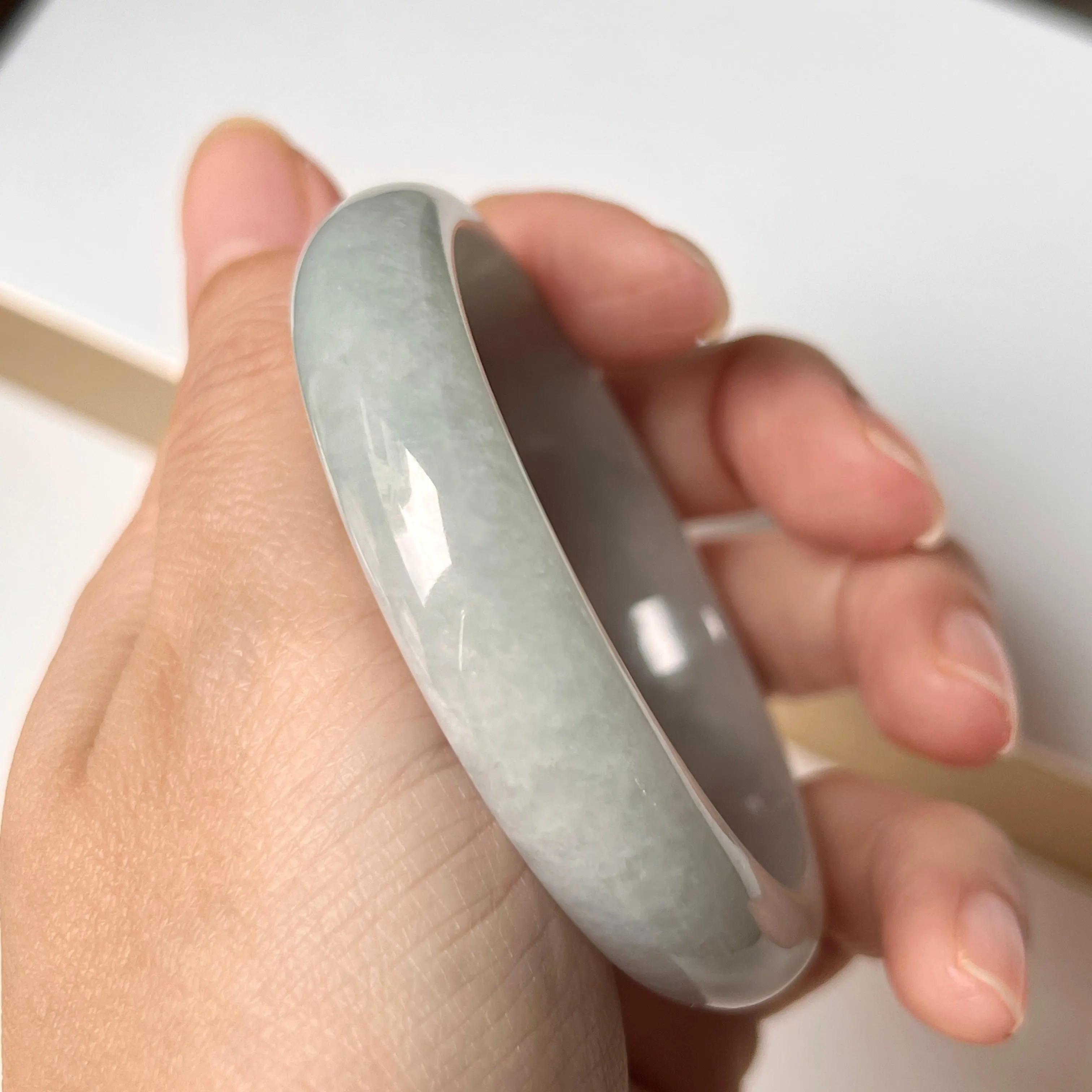 53.7mm A-Grade Natural Light Bluish Green Jadeite Modern Round Bangle No. 152005