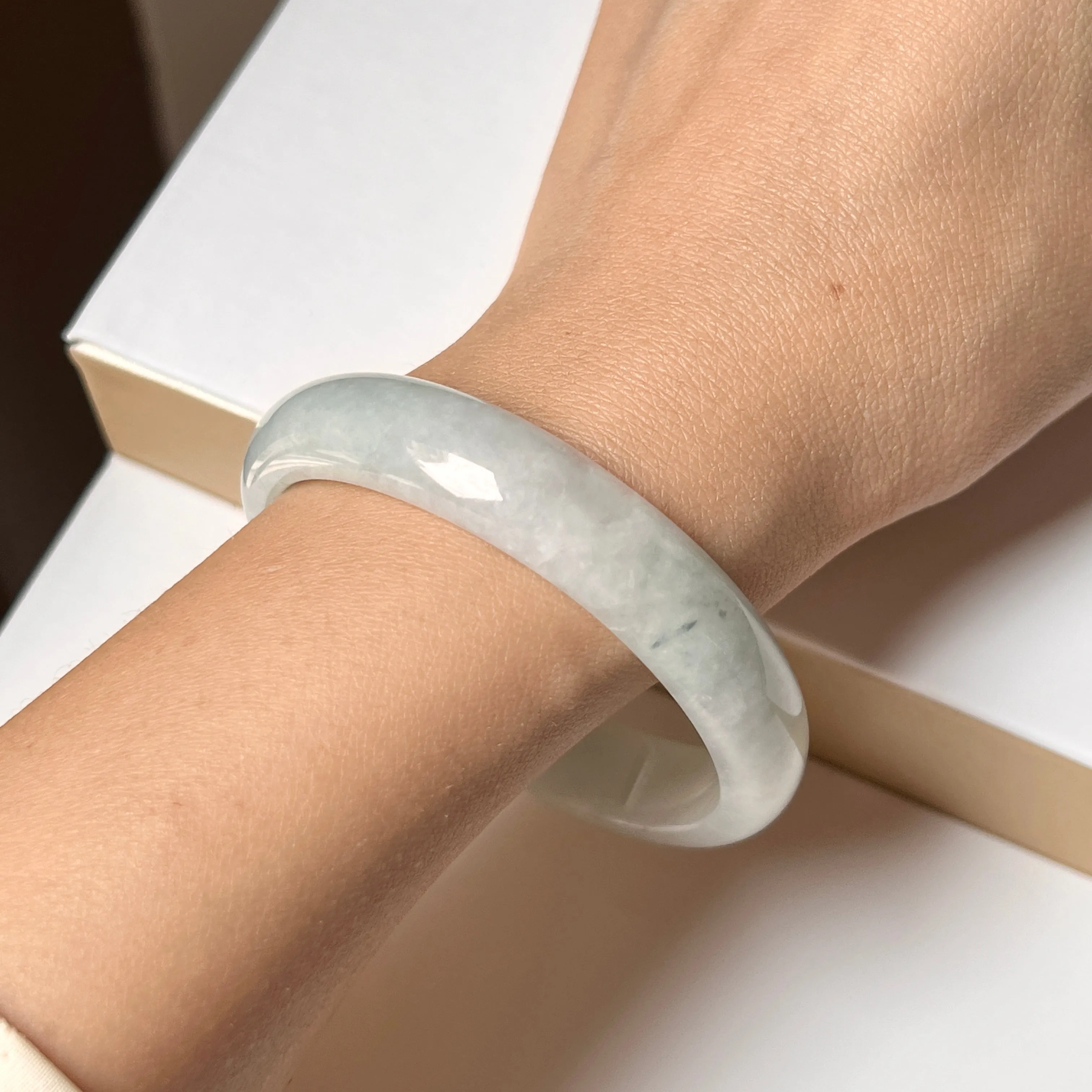 53.7mm A-Grade Natural Light Bluish Green Jadeite Modern Round Bangle No. 152005