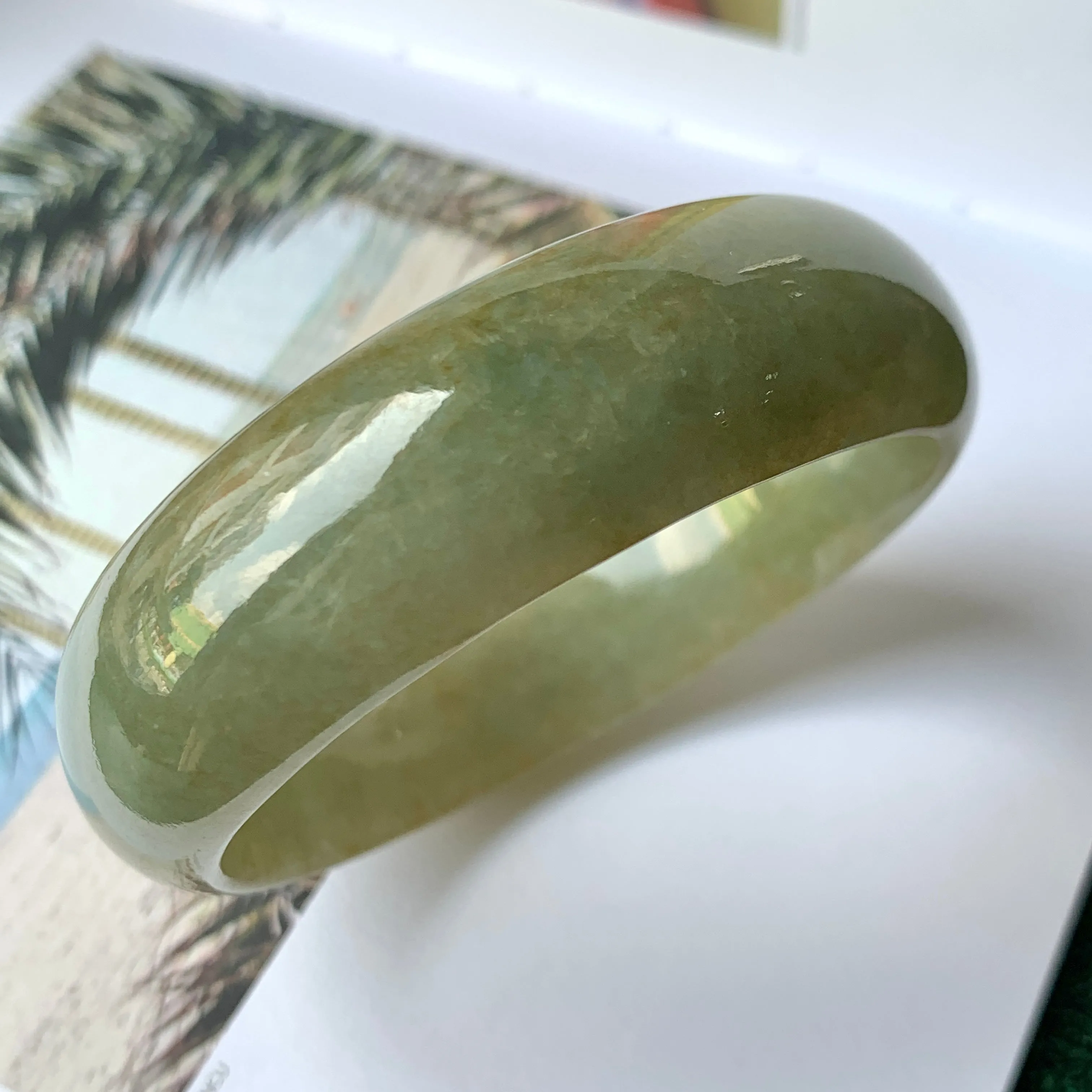 58mm A-Grade Natural Yellowish Green Jadeite Modern Round Bangle No.151101