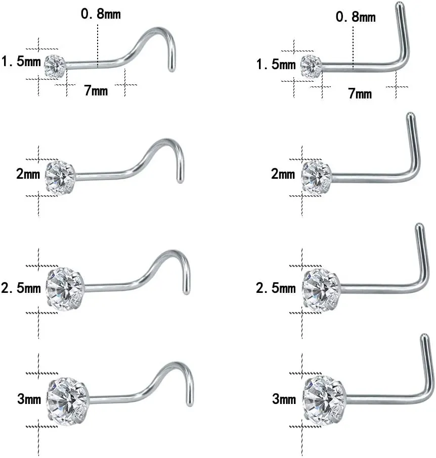 6-14PCS 20g Tiny Nose Stud Ring Piercing Surgical Steel Nose Bone/L Shaped/Nose Screws Rings Set