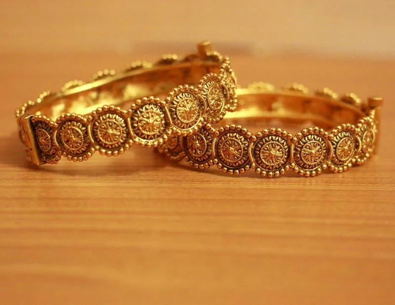 ANTIQUE MATT GOLD PLATED COIN OPENABLE BANGLES