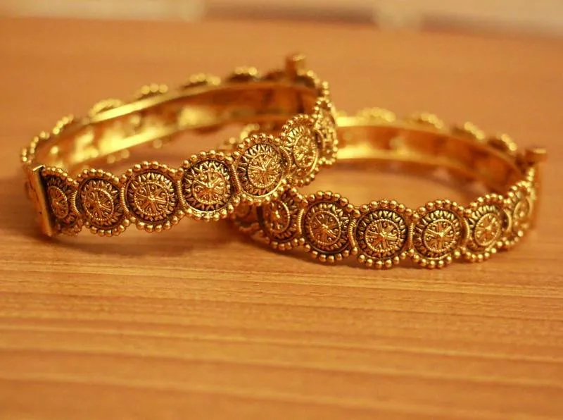 ANTIQUE MATT GOLD PLATED COIN OPENABLE BANGLES