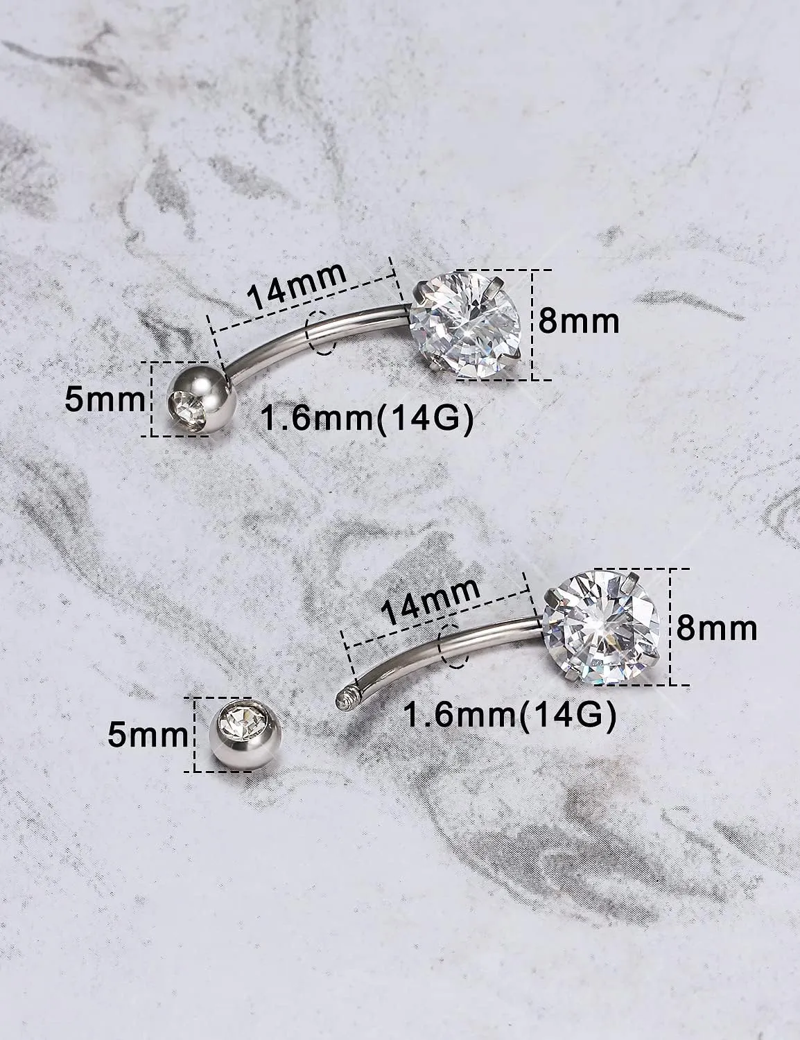 Belly Button Ring 6mm 8mm 10mm 12mm 14mm Surgical Stainless Steel Round Cubic Zirconia Navel Barbell Stud Body Piercing Silver, Black, Rose Gold Belly Ring Navel Piercing Jewelry