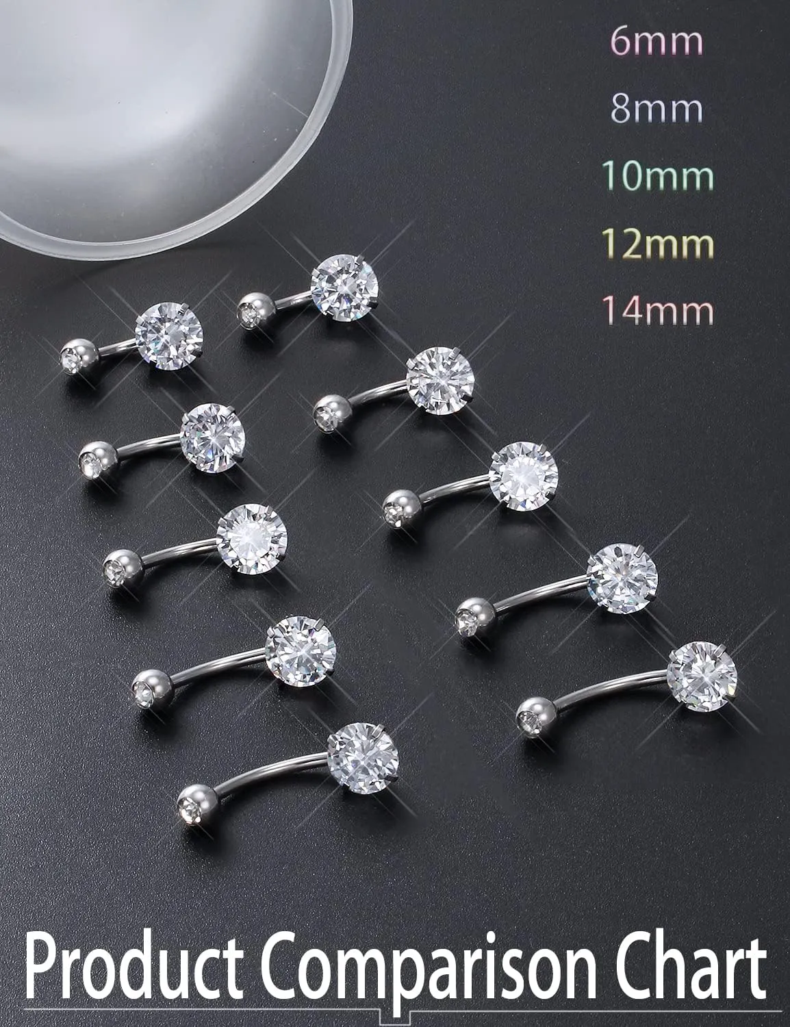 Belly Button Ring 6mm 8mm 10mm 12mm 14mm Surgical Stainless Steel Round Cubic Zirconia Navel Barbell Stud Body Piercing Silver, Black, Rose Gold Belly Ring Navel Piercing Jewelry