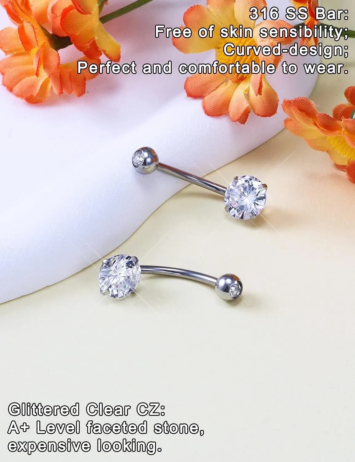 Belly Button Ring 6mm 8mm 10mm 12mm 14mm Surgical Stainless Steel Round Cubic Zirconia Navel Barbell Stud Body Piercing Silver, Black, Rose Gold Belly Ring Navel Piercing Jewelry