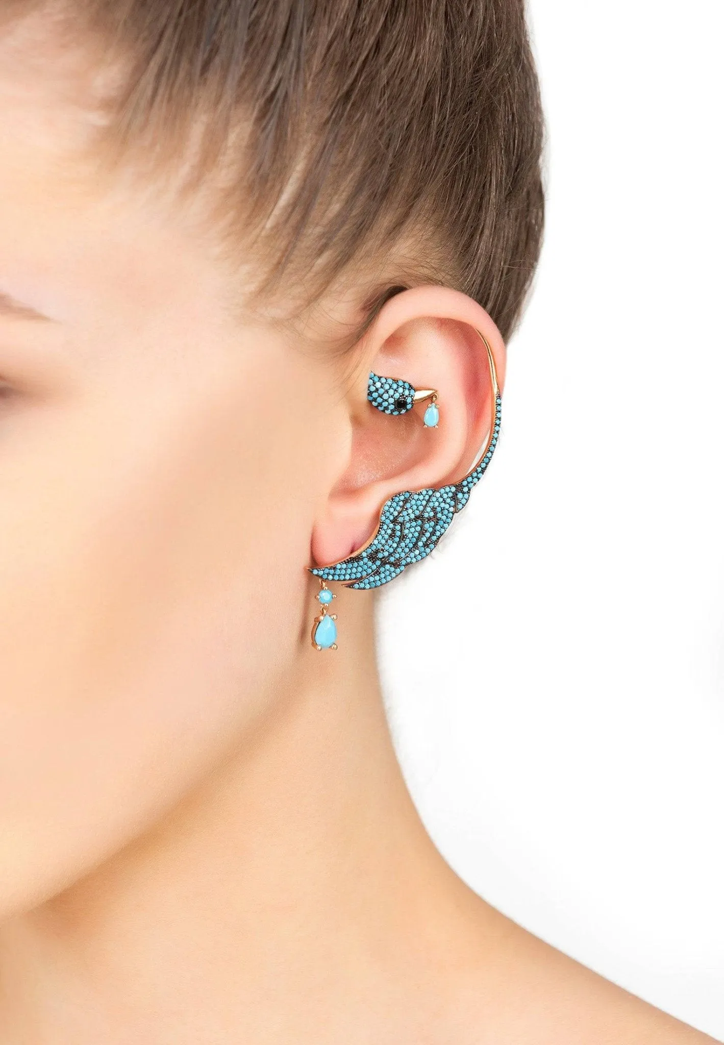 Bird of Paradise Ear Climber in Turquoise Gold