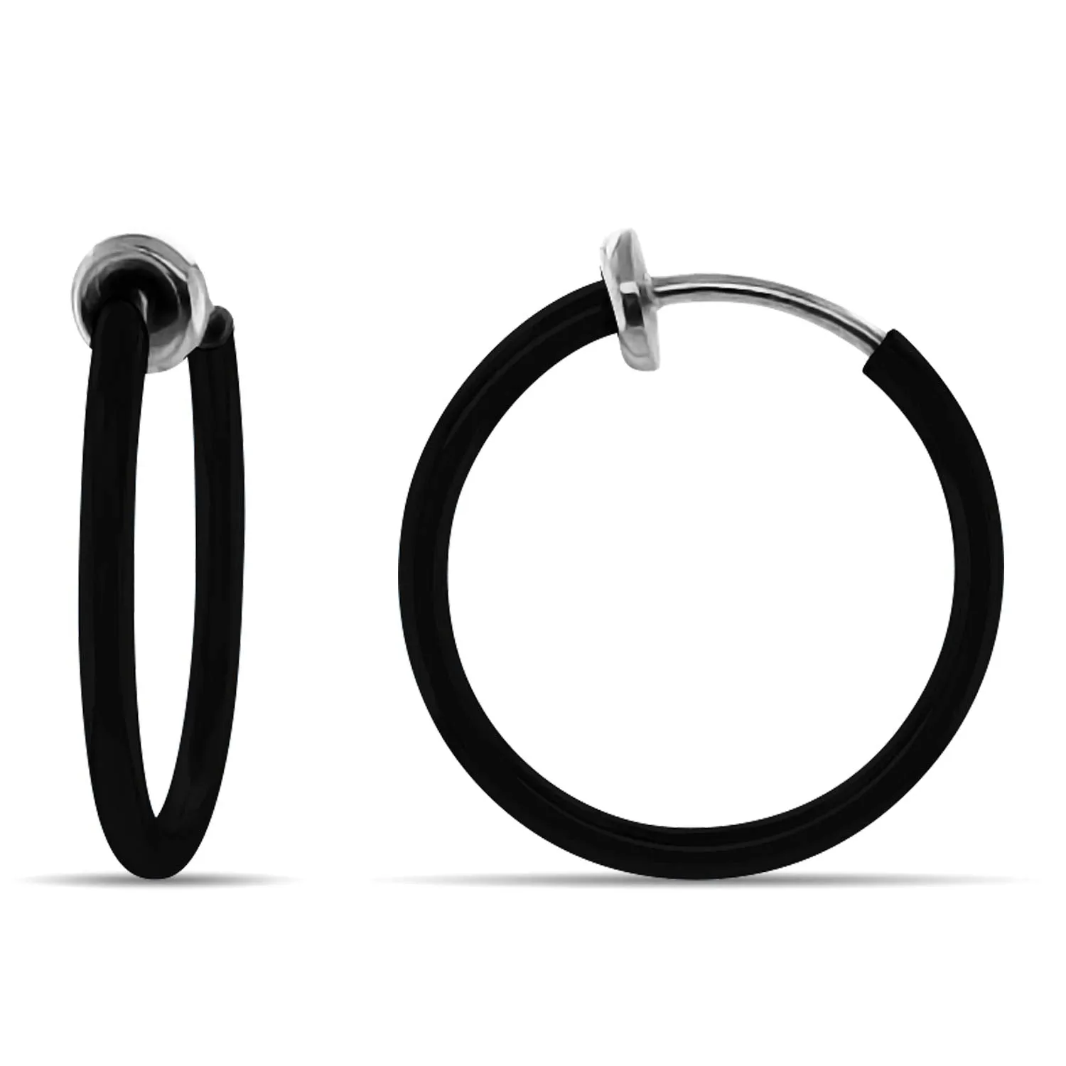 Black Spring Clip On Hoop Earrings