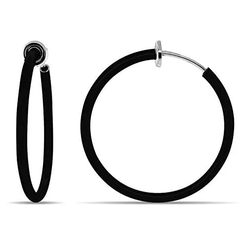 Black Spring Clip On Hoop Earrings