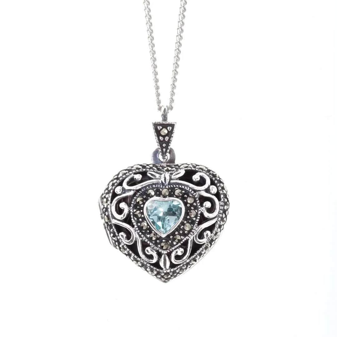 Blue Topaz Vintage Heart Locket | White Gold