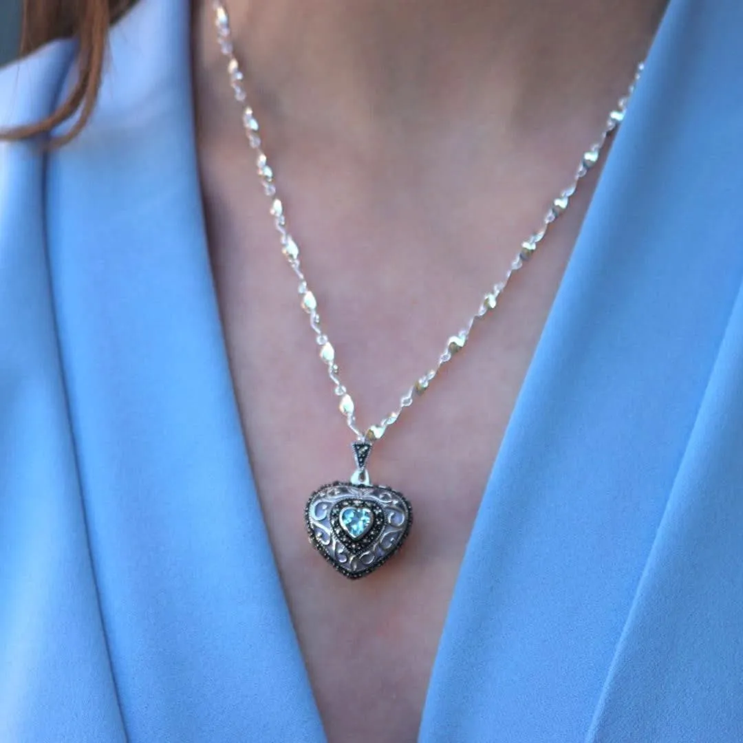 Blue Topaz Vintage Heart Locket | White Gold