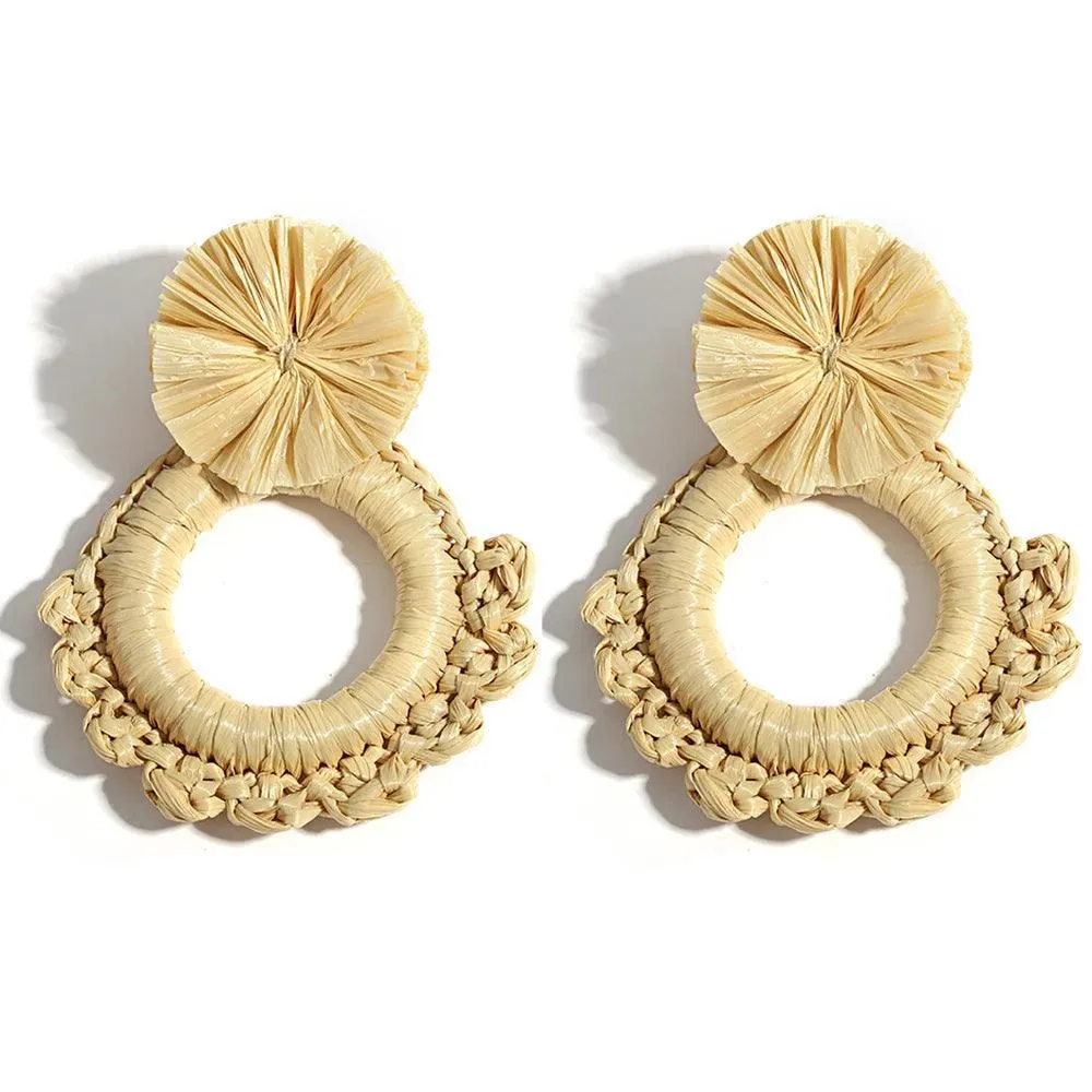 Boho Raffia Rattan Earrings, Handmade with Wood & Zinc Alloy, Lightweight & Bold, 32 Styles for Casual or Boho-Chic Looks