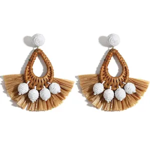 Boho Raffia Rattan Earrings, Handmade with Wood & Zinc Alloy, Lightweight & Bold, 32 Styles for Casual or Boho-Chic Looks