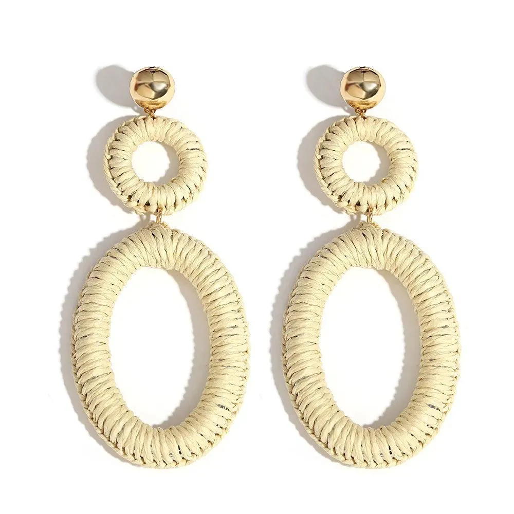 Boho Raffia Rattan Earrings, Handmade with Wood & Zinc Alloy, Lightweight & Bold, 32 Styles for Casual or Boho-Chic Looks