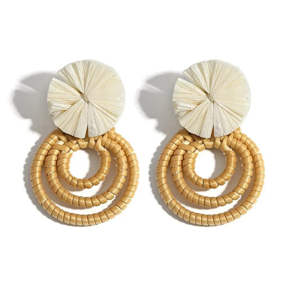 Boho Raffia Rattan Earrings, Handmade with Wood & Zinc Alloy, Lightweight & Bold, 32 Styles for Casual or Boho-Chic Looks
