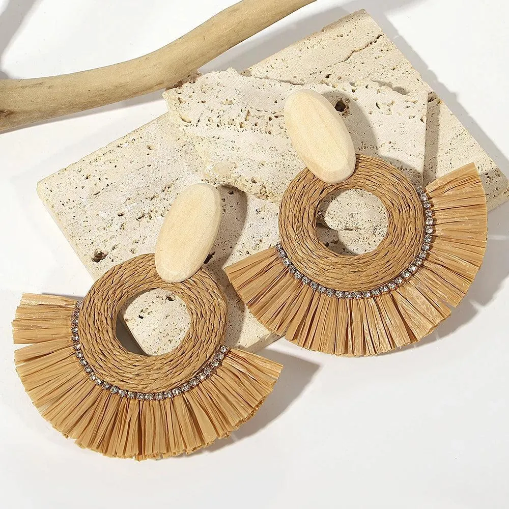 Boho Raffia Rattan Earrings, Handmade with Wood & Zinc Alloy, Lightweight & Bold, 32 Styles for Casual or Boho-Chic Looks