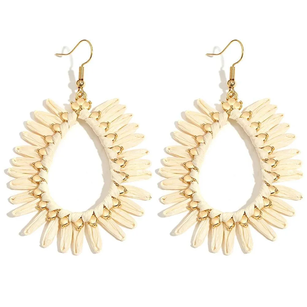 Boho Raffia Rattan Earrings, Handmade with Wood & Zinc Alloy, Lightweight & Bold, 32 Styles for Casual or Boho-Chic Looks