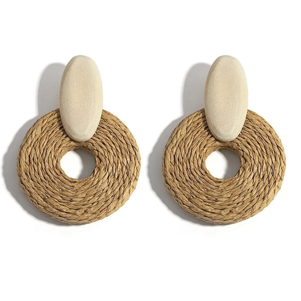 Boho Raffia Rattan Earrings, Handmade with Wood & Zinc Alloy, Lightweight & Bold, 32 Styles for Casual or Boho-Chic Looks