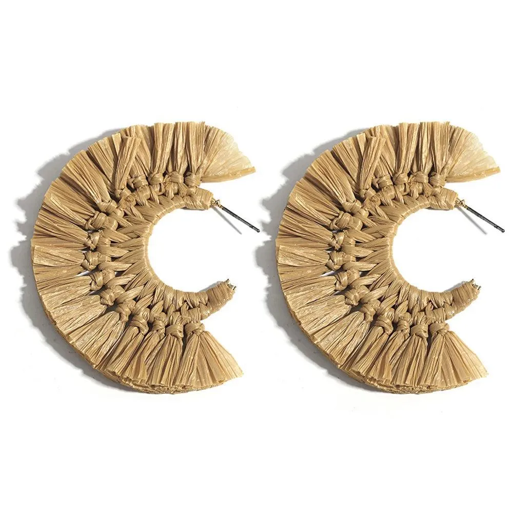 Boho Raffia Rattan Earrings, Handmade with Wood & Zinc Alloy, Lightweight & Bold, 32 Styles for Casual or Boho-Chic Looks