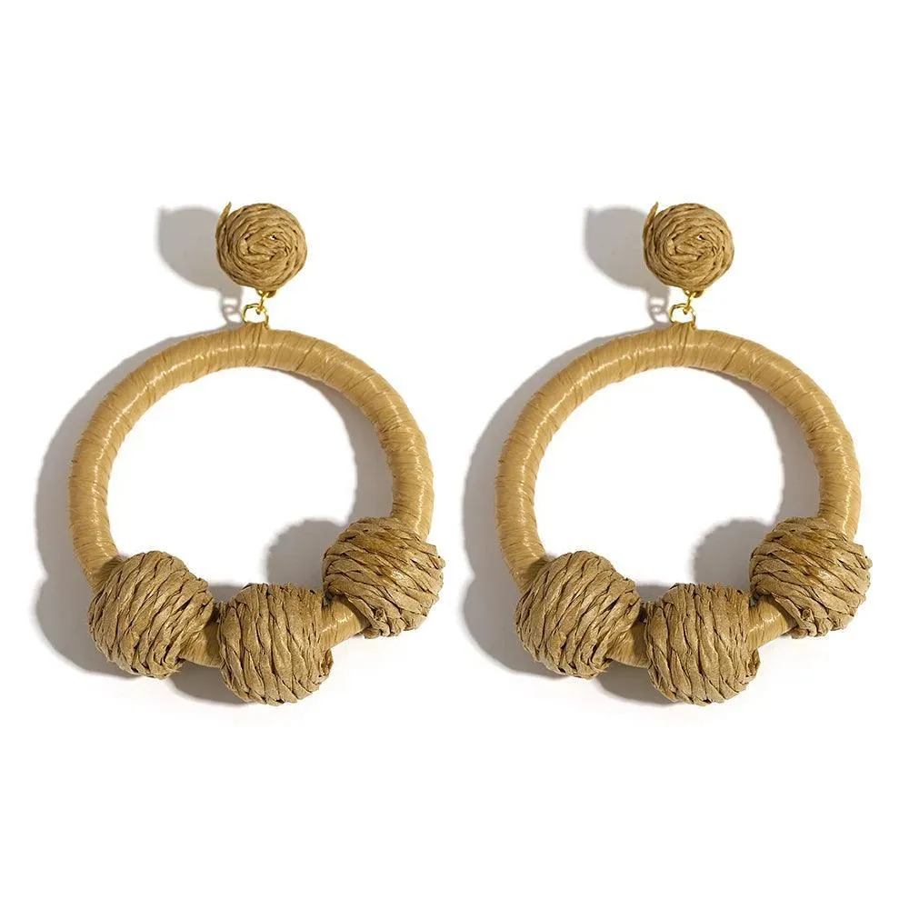 Boho Raffia Rattan Earrings, Handmade with Wood & Zinc Alloy, Lightweight & Bold, 32 Styles for Casual or Boho-Chic Looks