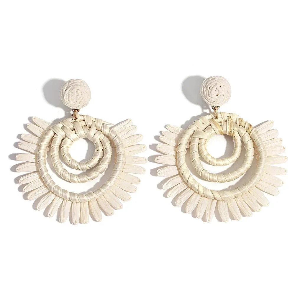 Boho Raffia Rattan Earrings, Handmade with Wood & Zinc Alloy, Lightweight & Bold, 32 Styles for Casual or Boho-Chic Looks
