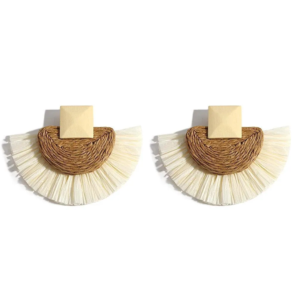 Boho Raffia Rattan Earrings, Handmade with Wood & Zinc Alloy, Lightweight & Bold, 32 Styles for Casual or Boho-Chic Looks