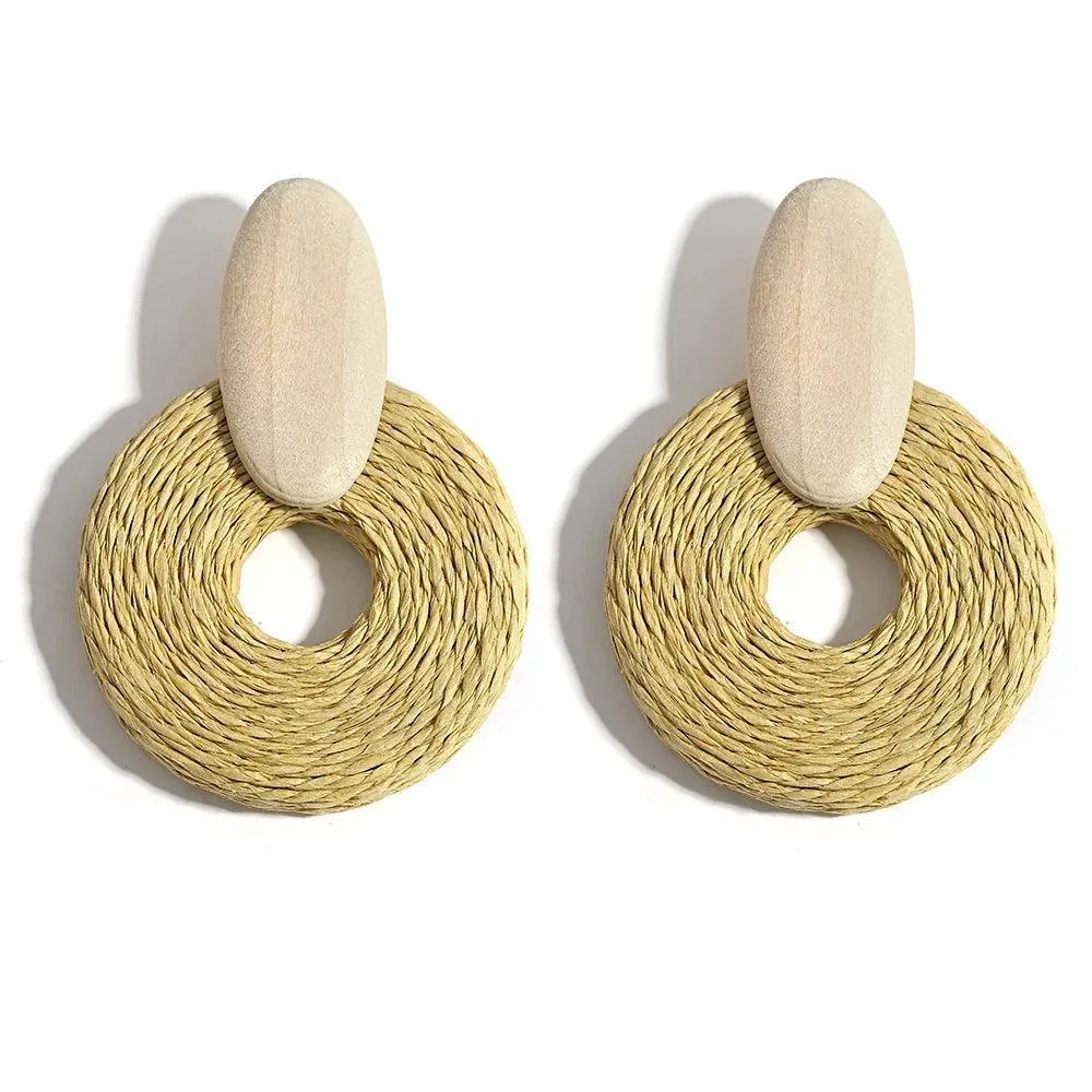 Boho Raffia Rattan Earrings, Handmade with Wood & Zinc Alloy, Lightweight & Bold, 32 Styles for Casual or Boho-Chic Looks