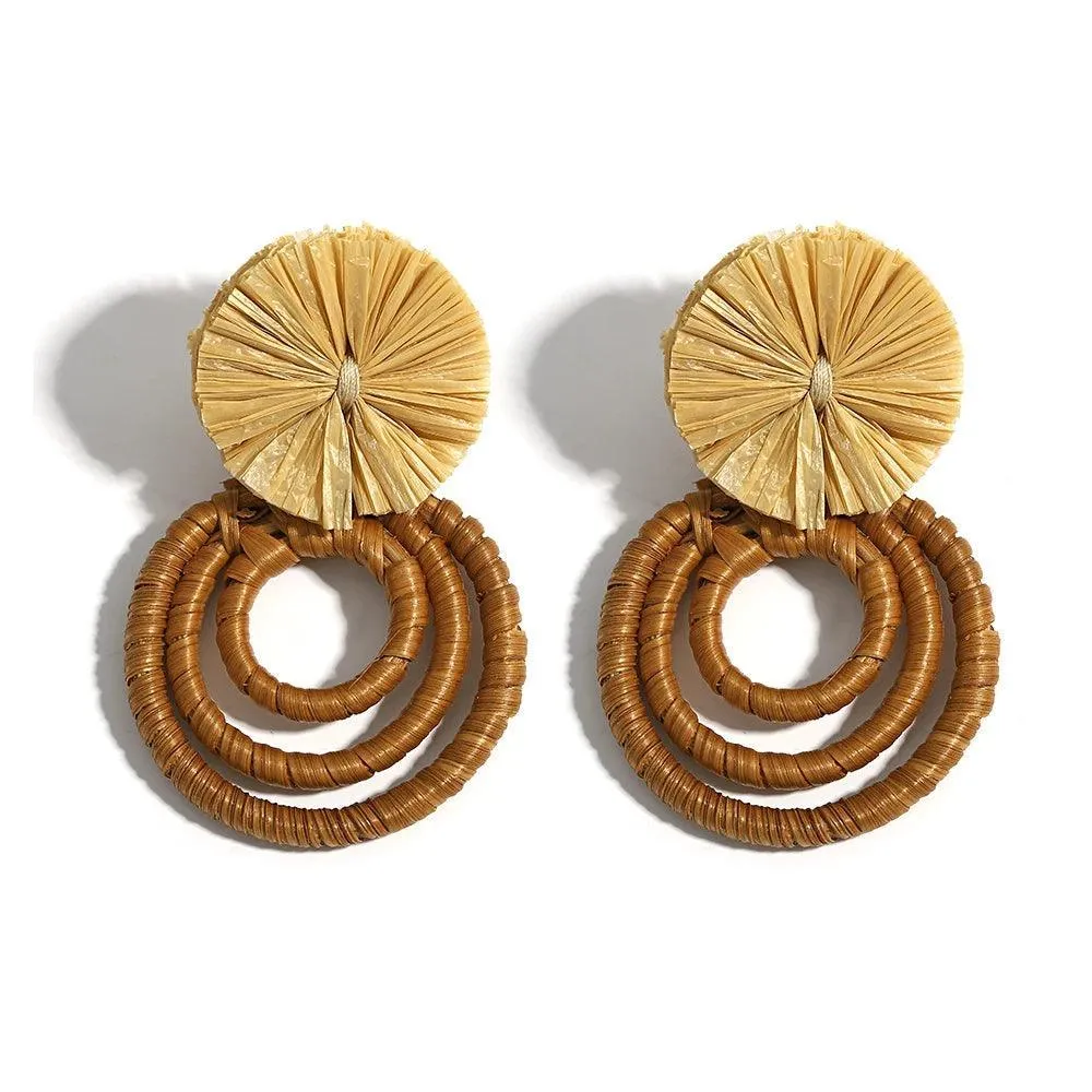 Boho Raffia Rattan Earrings, Handmade with Wood & Zinc Alloy, Lightweight & Bold, 32 Styles for Casual or Boho-Chic Looks