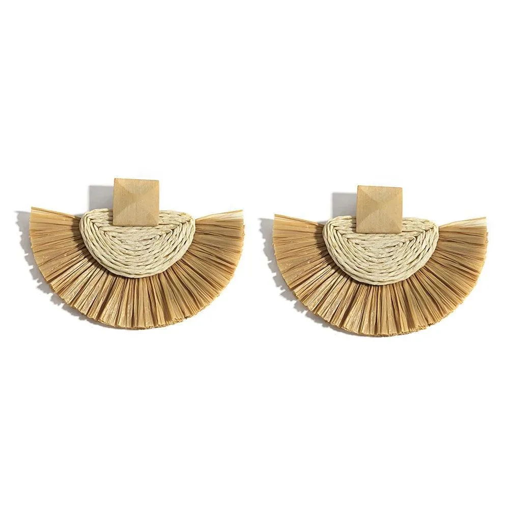 Boho Raffia Rattan Earrings, Handmade with Wood & Zinc Alloy, Lightweight & Bold, 32 Styles for Casual or Boho-Chic Looks